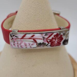 Bernaraud Limoges Porcelain Red Floral Red Leather Bracelet NWOT!